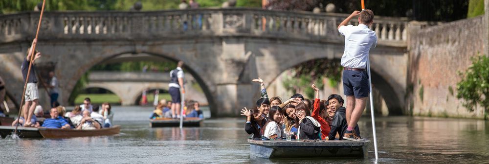 A banner image of students punting on the river Cam, linking to Studio Cambridge English Camp testimonials