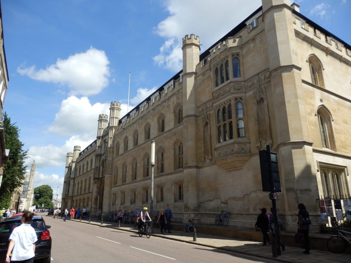 Front of Corpus Christi College on sunny day in Cambridge, UK.