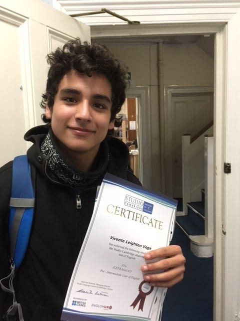 Vicente Leighton Vega, a Chilean student on the Sir George English camp at Studio Cambridge, poses with his end of course certificate.